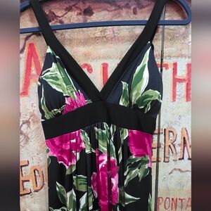 Forever 21 Black Mini Dress with Hot Pink Floral and Green Leaf Print